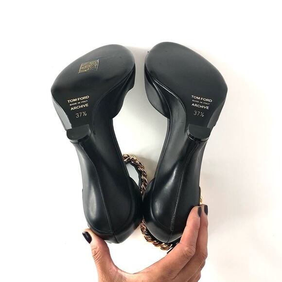 NEW Tom Ford Gold Chain Wedge Black Leather Heeled Sandals 37.5 - Picture 5 of 9
